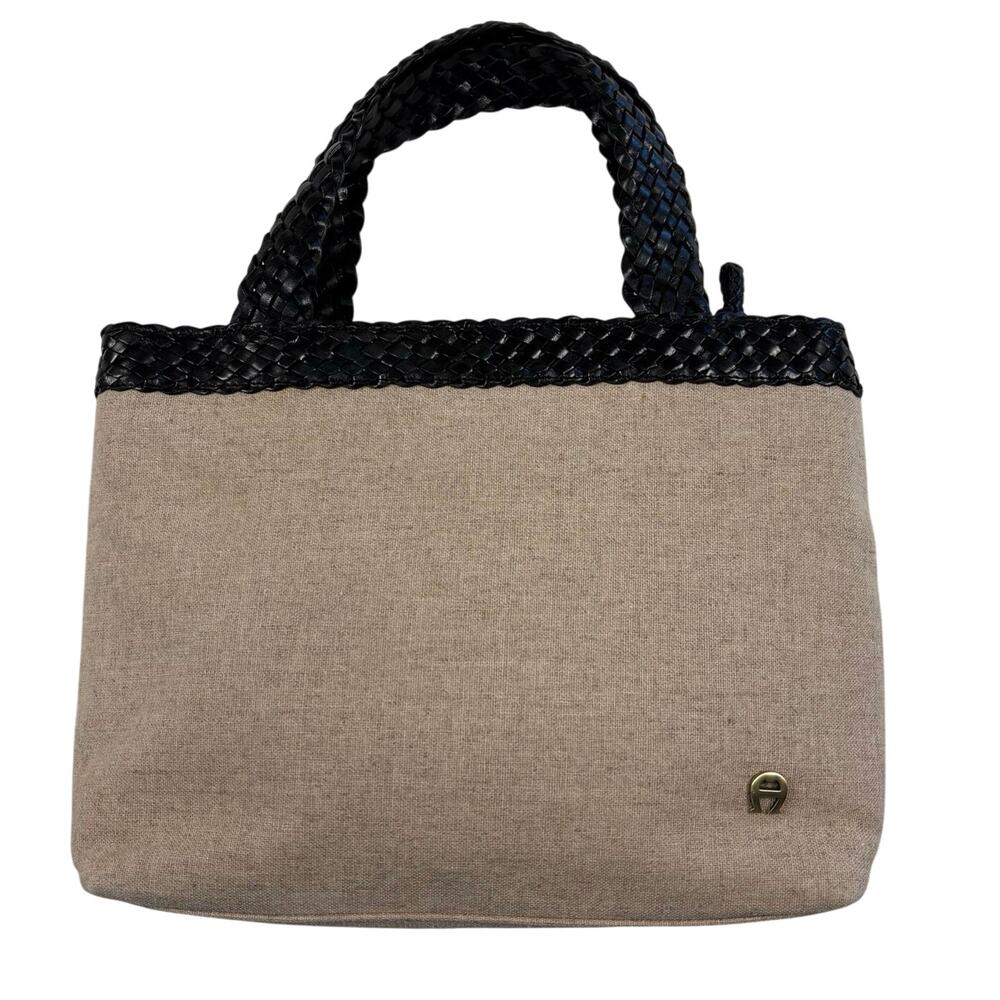 Etienne Aigner Linen Leather Handbag Beige Black Braided Handle Resortwear